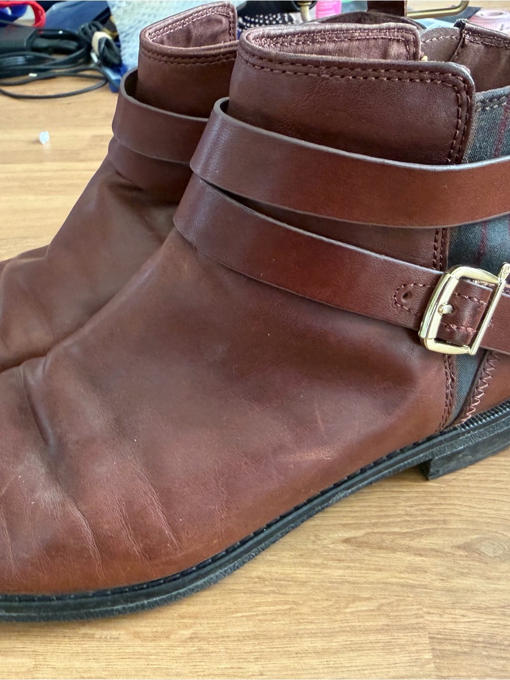 Sperry Women's Brown Leather Plaid Ankle Booties with Buckle Strap